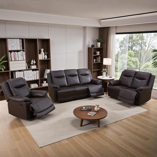Caberryne Leather Reclining Sofa Set, Living Room Furniture Set, Brown,