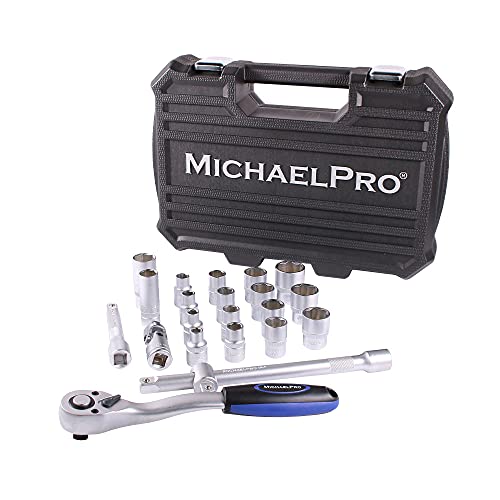 MichaelPro MP005011 22-Piece 1/2 Inch Dr. 72T Ratchet Wrench Socket Set, Metric, Ratchet Handle, Extension Rods