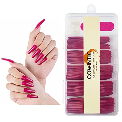 Coffin Nails Long False Nails - 100pcs Full Cover Acrylic Fake Nail with Box, Ballerina Shape Press On Artificial Nail Tips(Fuchsia)