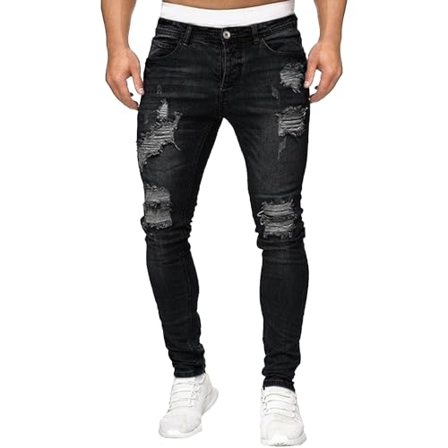 Men‘s Slim Fit Jeans Stretch Ripped Skinny Jeans Destroyed Straight Leg Casual Biker Cargo Denim Pants