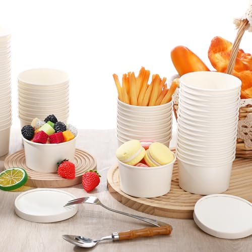Image of Fulmoon 6 oz 100 Pack Paper Containers with Lids Soup Bowl Cup, White | Disposable Ice Cream Cup, Kraft Food Containers with Vented Lid Stackable for Hot Soup Dessert Cake Fruit Microwave Takeout