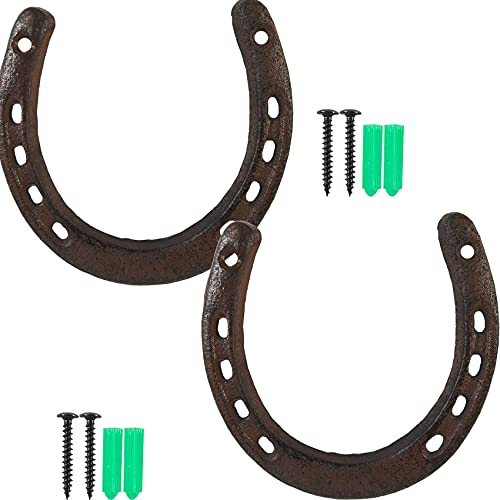 ROYHOO 2PCS Cast Iron Horseshoe，for Good Lucky, Durable Cast Iron Medium Horseshoe 5 Holes On Each Side for Wall Hung(Dark Brown)