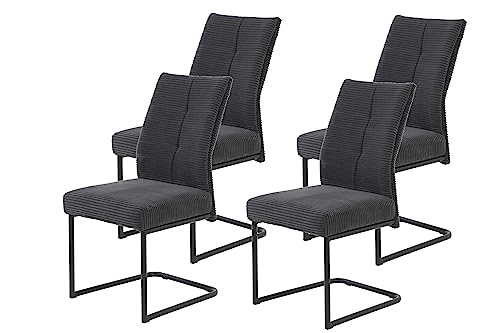 Hela Tische, 4er Set Esszimmerstuhl, Schwingstuhl, XL-Stuhl Dagmar, Cordstoff Breitcord Anthrazit, Metallgestell Schwarz, Federkorb, Griff, 140kg belastbar