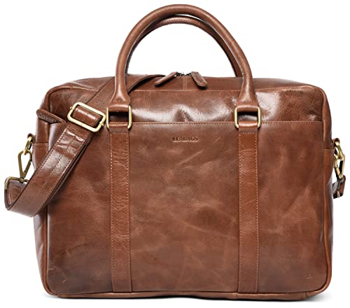 LEABAGS Bolso para Hombres y Mujeres | Bolsa de Portátil de Cuero Genuino de hasta 16" | Bolso Bandolera con Correa | Bolso de Hombro | Bolsa Mensajera | Bolsa de Trabajo | Vintage Cognac