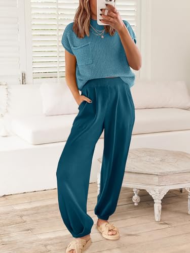 Image of ANRABESS Women's Two Piece Outfits Sweater Sets Knit Pullover Tops and High Waisted Pants Tracksuit Lounge Sets