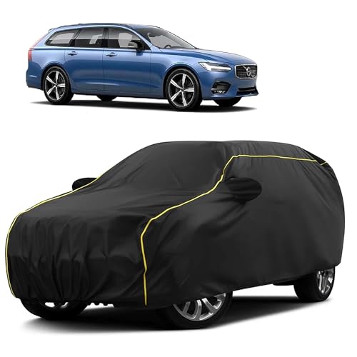 Image of Sulfar 100% Water Resistant Car Body Cover Compatible with Mirror for Volvo V90 (Triple Stitched, Full Bottom Elastic, Black Taffeta with Yellow Piping)