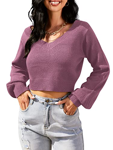 Image of ZAFUL Women's Cropped Sweater V-Neck Long Sleeve Pullover Jumper Knit Top