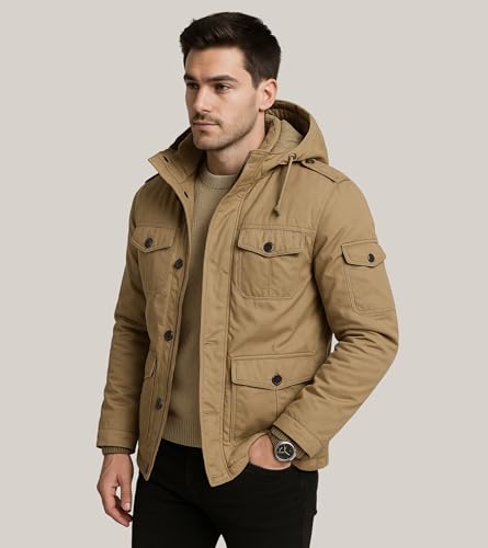 Image of L'MONTE Men's Heavy-Duty Winter Jacket - Cotton Outdoor Coat with Fleece Lining, Detachable Hood, and Multi-Pockets - Warm, Windproof & Stylish for Cold Weather