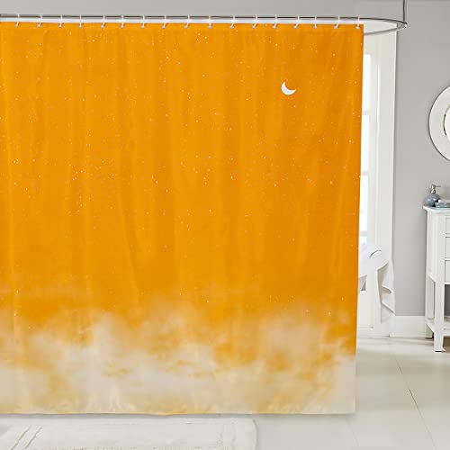 Loussiesd Shiny Star Bath Curtain Moon Star Sky Shower Curtain Gradient Orange White Bathroom Fabric for Teens Stalls Bathtubs Romantic Style Waterproof Curtains 72x72 Inch