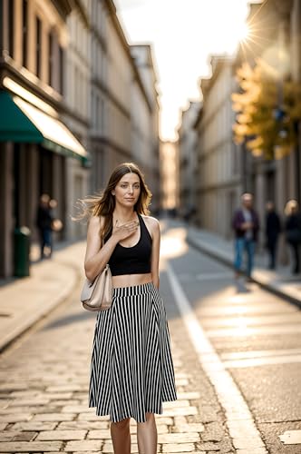 Sureple Skirts for Women Knee Length for Work Fall Elastic High Waist A-Line Flare Skirt Ruffle Hem with Pockets3