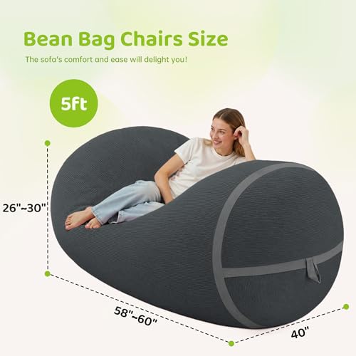 Image of 5FT Bean Bag Chair 5'Giant Bean Bag Chairs with Adults, Large Beanbag Chair | Bean bag Lounger with Machine Washable Cover Fine Corduroy Fabric, Comfy Chairs for Living Room Bedroom Dorm, Darkgrey