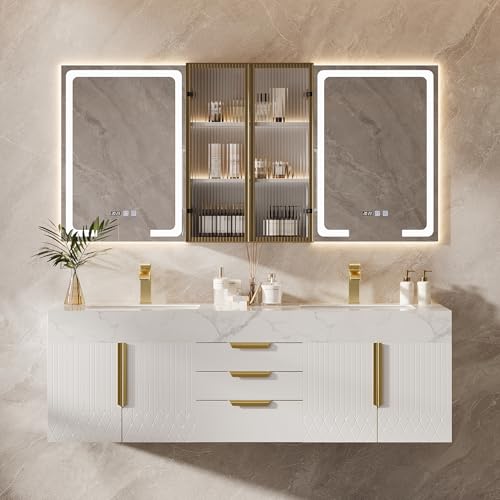 Weibath Bathroom Vanity with Sink, Modern Bathroom Vanity with Faux Marble Top, Gold Hardware & Soft-Close Drawers for Bathroom Storage (59.1 Inch, White, Double Sink & Floating)