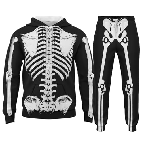 Generisch Chándal de Halloween para hombre, traje de ocio, esqueleto, impresión 3D, sudadera con capucha y pantalones de jogging, 2 piezas, traje deportivo de gran tamaño, hip hop, tracksuit