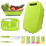 HI NINGER Collapsible 9-in-1 Chopping Board - Multi-Chopping Board with Colander, Kitchen Vegetable Washing Basket for Campers and Gifts