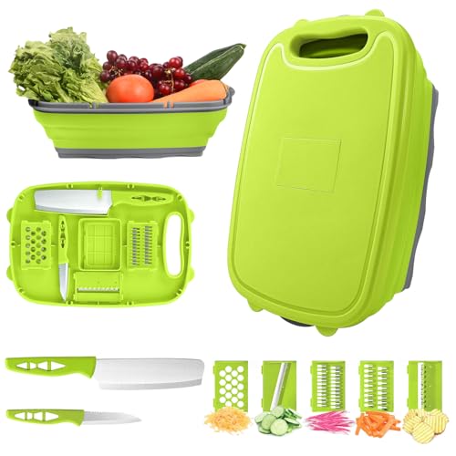 HI NINGER Collapsible 9-in-1 Chopping Board - Multi-Chopping Board with Colander, Kitchen Vegetable Washing Basket for Campers and Gifts