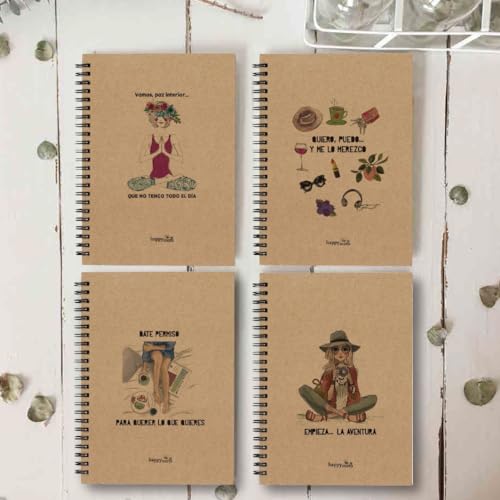 HappyMots Personal Diary Pack Notepad | 4 A5 Notebooks - Cute Kraft Notebooks | Comes in a Beautiful Gift Box, Ready to Give | Notebooks | Travel Journal