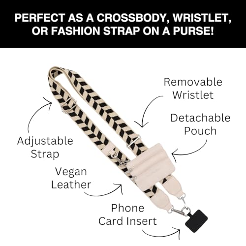 Image of Save the Girls Original Clip and Go Phone Strap Pattern (Chevron Black /Cream - Cream Pouch) - Crossbody Phone Strap Chain with Zipper Wallet Pouch - Phone Lanyard Zippered