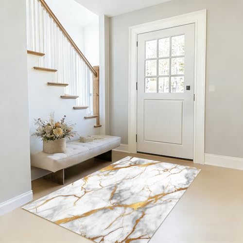 VTKON 3' X 5' Marble White Gold Rug for Kitchen Bathroom Entryway Abstract Marbling Floor Mat Doormats Marbled Throw Rug Carpet Game Room Decor Modern White Gold Modern Rugs