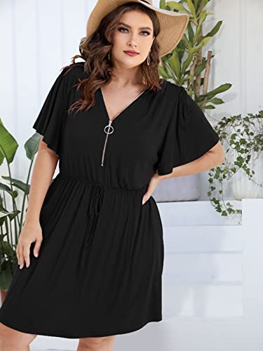 Vepeabak Womens Plus Size Dress Zipper V Neck Solid Flutter Short Sleeve Tie Waist Mini Dress With Pockets(Black,3Xl) #TOP2
