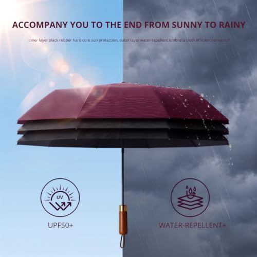 Image of ginoya brothers 3-Fold Folding Travel Umbrella with Wooden Handle Automatic Open & Close UV Protection Umbrella for Men & Women Compact Windproof Sun & Rain Protection