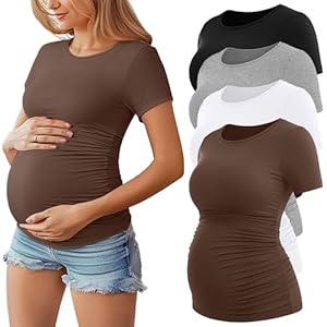 Huukeay 4 Pack Women’s Maternity Shirts, Crew Neck Maternity Top Short Sleeve Casual Cotton Tee Side Ruched Pregnancy Clothes