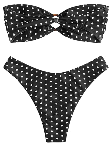 Image of ZAFUL Women's Bandeau Bikini O Ring Strapless Tie Back High Cut Two Piece Swimsuit Bathing Suits