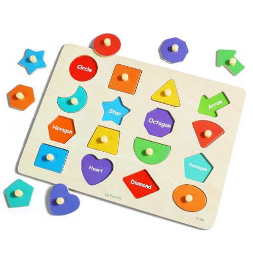 GRINNNIE Toddler Shape Puzzle for 1 2 3 Years Old Boys and Girls, Montessori Wooden Learning Toys Shape Sorting Peg Puzzle for Toddlers 1-3, Gifts for Birthday Christmas - Thumbnail 6