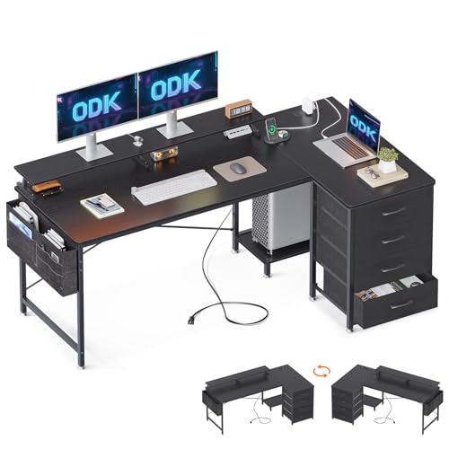 ODK Corner Desk with Drawers, L Shaped Computer Desk 160x80cm with USB Charging Port & Power Outlet,...
