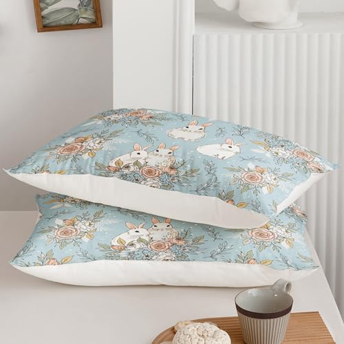 Qoomo Cute Animal Bunny Soft Lightweight Bed Comforter Set Beautiful Flowers Plants Kids Comforter Set Blue Kawaii Rabbit 3D Quilt Set Bedroom Decoration Full Size 1 Comforter Set 2 Pillowcases thumb #7