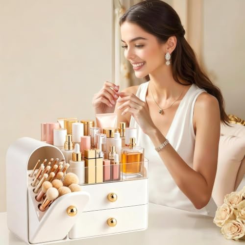 Image of HBlife Makeup Organizer Countertop with Drawers, Vanity Organizers with Brush Holder, Bathroom Counter Organizer for Perfume, Nail Polishes, Lipsticks, Skincare and Eyeshadow Palettes, White and Gold