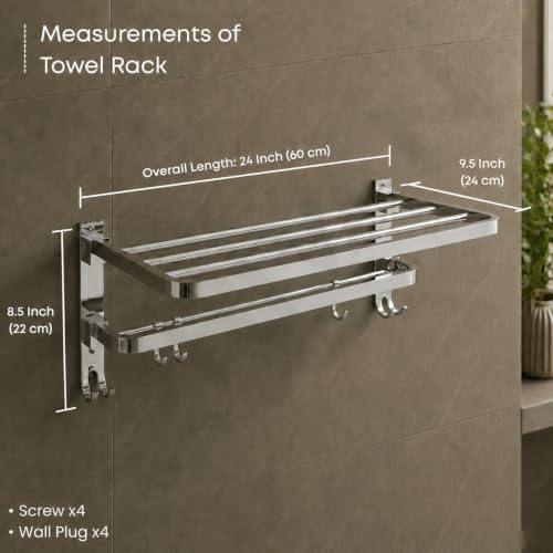 Image of GRIVAN Stainless Steel 24-Inch Folding Towel Rack with Hooks | Bathroom Shelf, Cloth Hanger, Stand for Wall - Towel Holder in Bathroom (Silver Chrome Finish)