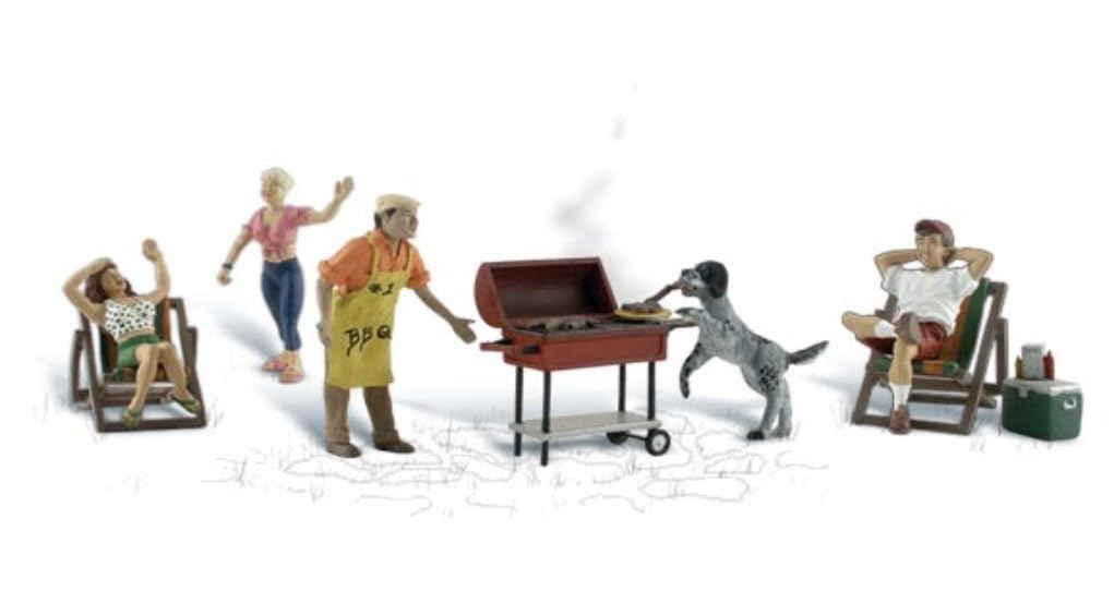 Woodland Scenics A1929 Grillo in giardino cane ruba salsiccia figure traccia H0 HO 1:87 Backyard Barbeque
