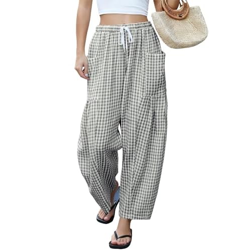 LOMON Womens Wide Leg Linen Pants Casual Drawstring Palazzo Harem Pants Summer Loose Beach Travel Vacation Pants with Pockets