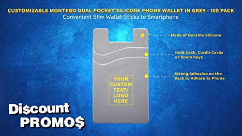 DISCOUNT PROMOS 100 Montego Silicone Phone Wallets Pack - Customizable Text, Logo - Strong Adhesive, Dual Pocket - Grey3