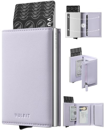 VULKIT Etui na karty kredytowe, blokowanie RFID, skórzane, podwójnie składane, damskie, automatyczne rozkładane etui na karty z przegródką na banknoty, lawenda, Minimalistyczny