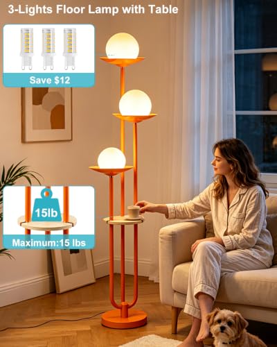 Image of Lightdot Globe Orange Floor Lamp with Shelf 3-Lights Modern Dimmable Floor Lamps for Wedding /Party, 3000K Warm White Bulbs Included, Tall Standing Lamp for Living Room /Bedroom /Sofa Beside /Corner Decor
