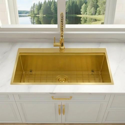Image of 33 inch X 22 inch Drop In Gold Kitchen Sink,Single Bowl Top Mount Kitchen Sink,16 Gauge Stainless Steel Workstation Sinks (Gold, 33 X 22 inch)