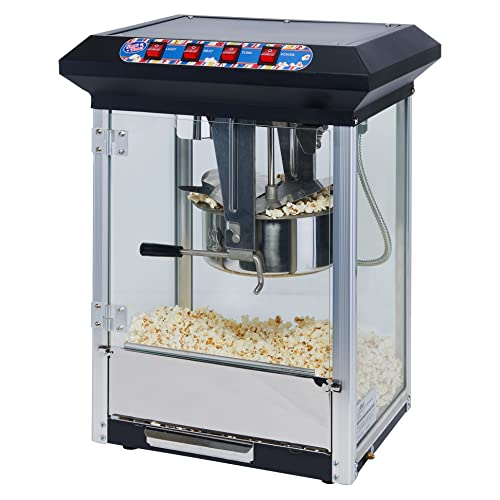 Winco Commercial-Grade Popcorn Machine with Stainless Steel Kettle, 8 Ounce, Black