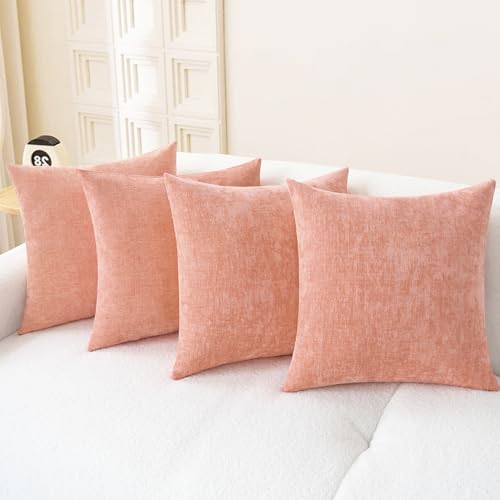 Image of CaliTime Throw Pillow Covers Decorative 18 X 18 Inches Pack of 4 Cozy Chenille Cushion Cases for Couch Sofa Bed Living Room Home Dusty Pink