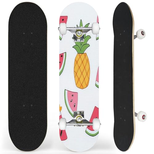 Complete Skateboard with Seamless Cute Slice Watermelon Pineapple White Beginner Skateboard 7-Layer Maple Wood Double Kick Concave Skateboards for Kids, Adults, Teens 31