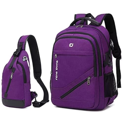 FENGDONG Large Laptop Backpack 17.3 inch Waterproof Travel College Backpack Bookbag,Crossbody Sling Bags for Men & Women Business Backpack Dark Purple