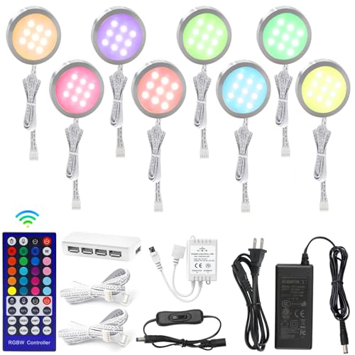 AIBOO LED Puck Lights Wired Color Changing, Multicolor Under Cabinet Lighting with Remote, Dimmable RGBW Display Case Lights 8 Pack for Cabinets, Counters, Shelves, Showcases (RGBW)