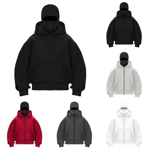 Generisch Herren Pullover,Balaclava Zip Hoodie Herren Damen,Einfarbig Kapuzenpullover Warm Mit Sturmhaube Casual Reißverschluss Und Tasche Lockeres Sweatjacke Y2K Tops Winddichte Kapuzenjacke