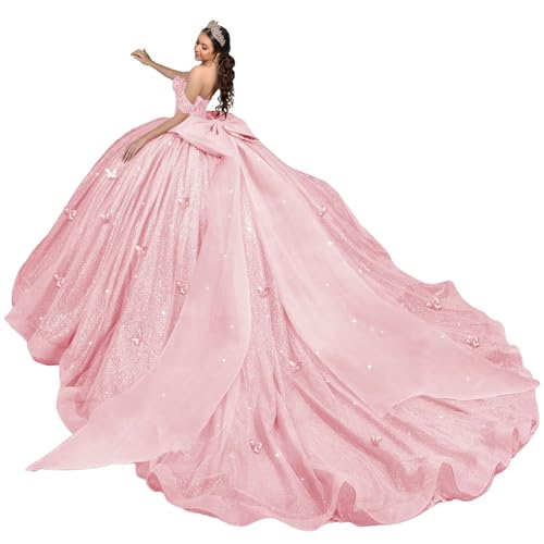 KPYURC Glitter Pink Tulle Quinceanera Dresses with Bow Puffy Off Shoulder Sweet 16 Dress Beading Ball Gown Petite Crystal Quince Dresses with Train Size 2