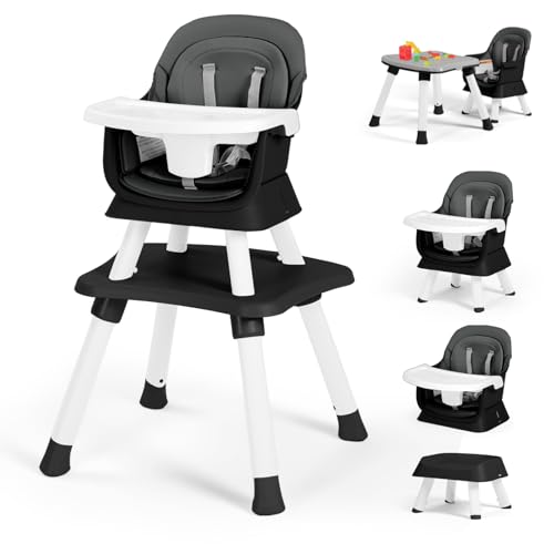 Image of Kinder King 8 in 1 Baby High Chair, Coverts to Dining Booster Seat/Kids Table & Chair Set/Toddler Building Block Table/Kids Stool, Removable Tray & Double Seat Cover, Easy to Wipe, Grey & Black
