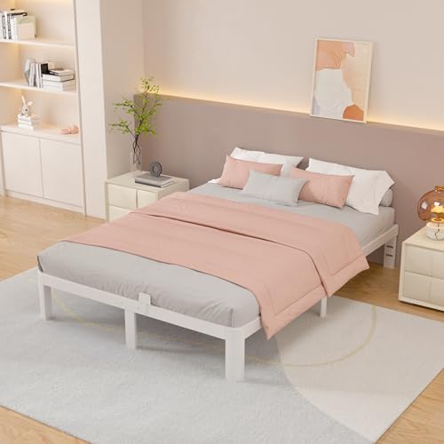 10 Inch King Size Bed Frame with Metal Baffles, White King Bed Frame No Box Spring Needed, Heavy Duty Steel Platform Support, Storage Space, Reserved Holes, Round Corner Legs, Noiseless