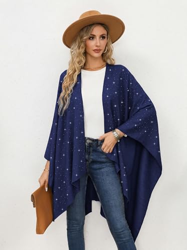 Image of Womens Rhinestones Open Front Poncho Shawl Wrap Cape Ruana Travel Blanket Cardigan