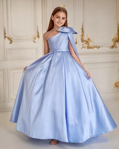 Topsta Girls One Shoulder Satin Flower Girl Dress for Wedding with Bow First Communion Dress Long Pageant Ball Gown2
