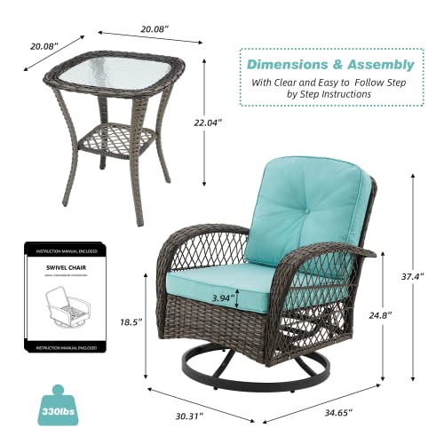Erommy 3 Pieces Outdoor Swivel Rocker Patio Chairs, 360 Degree Rocking Patio Conversation Set With Thickened Cushions And Glass Coffee Table For Backyard, Blue #TOP1