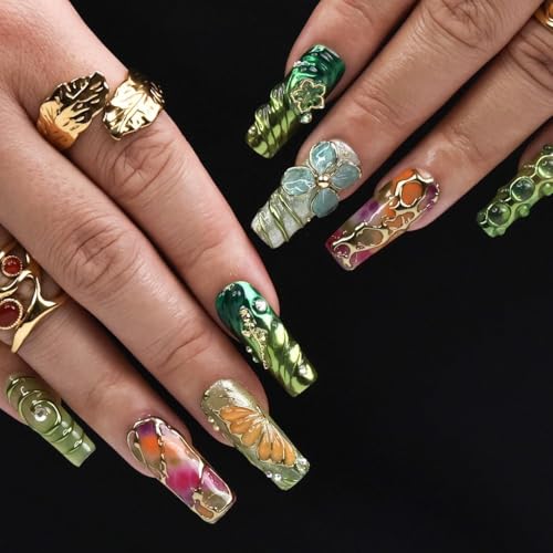 Botanica Long Square Press-On Nails – Vibrant Green & Floral